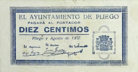Аверс банкноты 10 centymów Pliego (Hiszpania) 1937