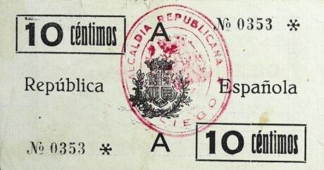 Реверс банкноты 10 centymów Pliego (Hiszpania) 1937