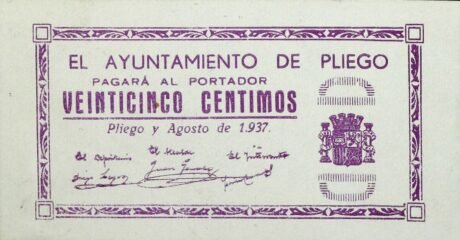 Аверс банкноты 25 centymów Pliego (Hiszpania) 1937