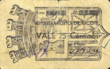 Аверс банкноты 25 centymów Ricote (Hiszpania)