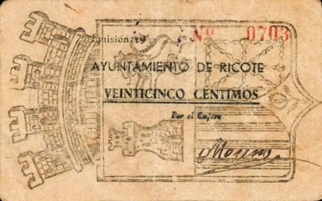 Аверс банкноты 25 centymów Ricote (Hiszpania) 1937