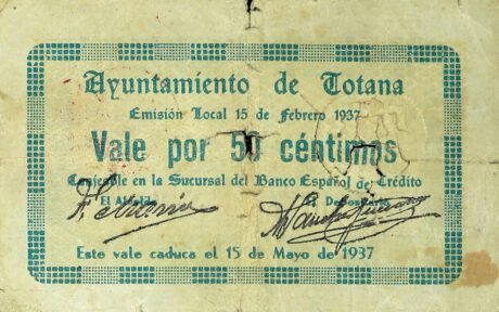 Аверс банкноты 50 сантимов Тотана (Испания) 1937 года