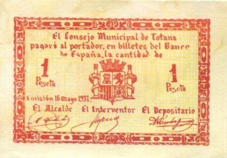 Аверс банкноты 1 peseta totana (Hiszpania) 1937