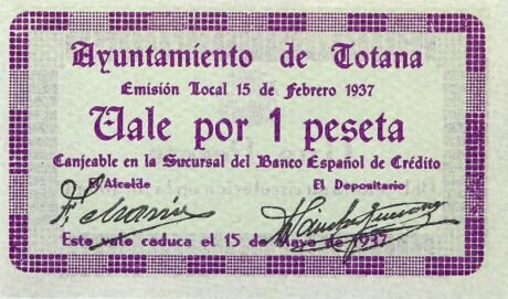 Аверс банкноты 1 песета тотана (Испания) 1937 года
