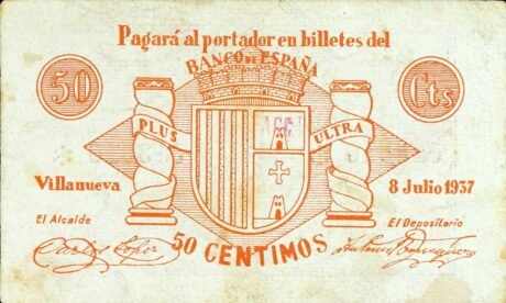 Аверс банкноты 50 сантимов Вильянуэва (Испания) 1937 года