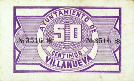 Реверс банкноты 50 сантимов Вильянуэва (Испания) 1937 года