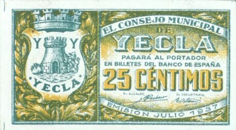 Аверс банкноты 25 centymów Yecla (Hiszpania) 1937