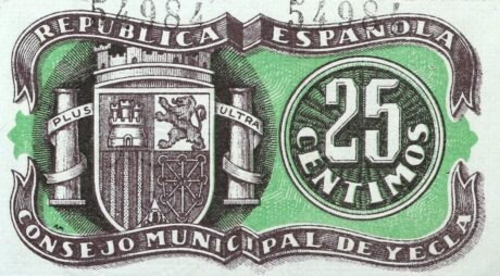 Реверс банкноты 25 centymów Yecla (Hiszpania) 1937