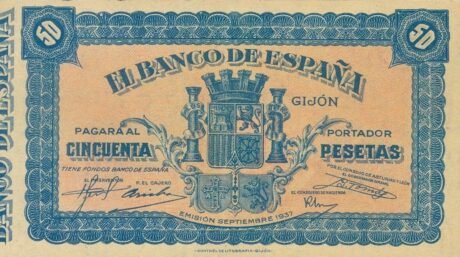Аверс банкноты 50 peset Banco de España – Gijón (Hiszpania) 1937