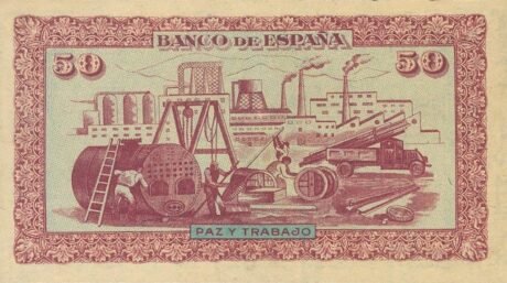Реверс банкноты 50 peset Banco de España – Gijón (Hiszpania) 1937