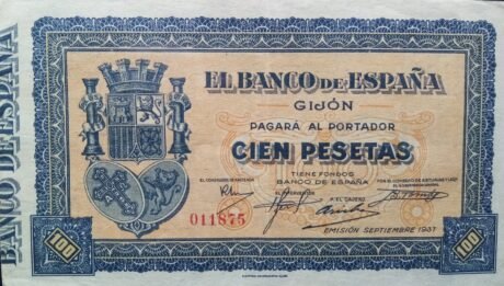 Аверс банкноты 100 peset Banco de España – Gijón (Hiszpania) 1937
