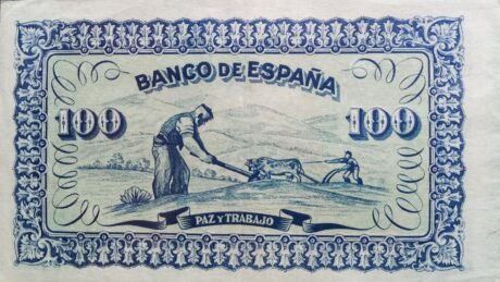 Реверс банкноты 100 peset Banco de España – Gijón (Hiszpania) 1937