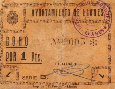 Аверс банкноты 1 песета Llanes (Испания)