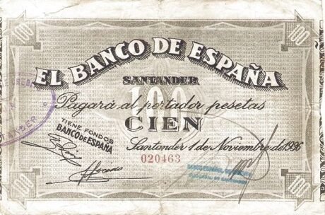 Аверс банкноты 100 peset Banco de España - Santander (Hiszpania) 1936
