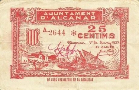 Аверс банкноты 25 сантимов Альканар (Испания) 1937 года