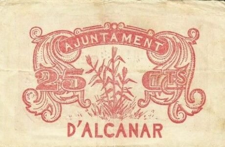 Реверс банкноты 25 сантимов Альканар (Испания) 1937 года