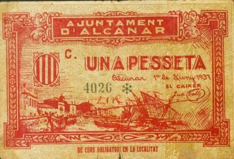 Аверс банкноты 1 песета Альканар (Испания) 1937 года