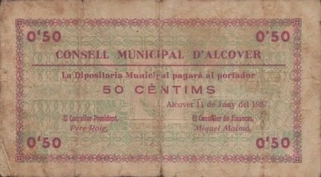 Аверс банкноты 50 centymów Alcover (Hiszpania) 1937
