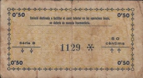 Реверс банкноты 50 centymów Alcover (Hiszpania) 1937