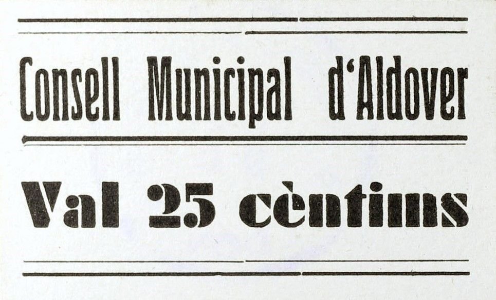 Аверс банкноты 25 сантимов Альдовера (Испания) 1937 года