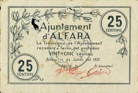 Аверс банкноты 25 сантимов Альфара дельс Портс (Испания) 1937 года