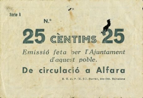 Реверс банкноты 25 сантимов Альфара дельс Портс (Испания) 1937 года