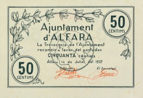 Аверс банкноты 50 сантимов Альфара дельс Портс (Испания) 1937 года