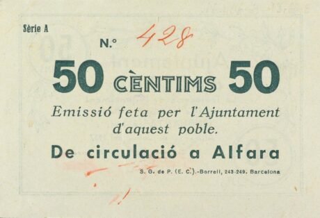 Реверс банкноты 50 сантимов Альфара дельс Портс (Испания) 1937 года