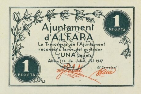 Аверс банкноты 1 песета Альфара дельс Портс (Испания) 1937 года