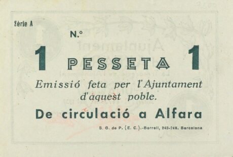 Реверс банкноты 1 песета Альфара дельс Портс (Испания) 1937 года