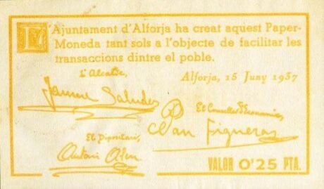 Аверс банкноты 25 centymów Alforja (Hiszpania) 1937