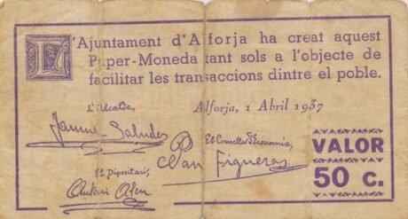 Аверс банкноты 50 centymów Alforja (Hiszpania) 1937