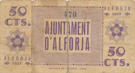 Реверс банкноты 50 centymów Alforja (Hiszpania) 1937