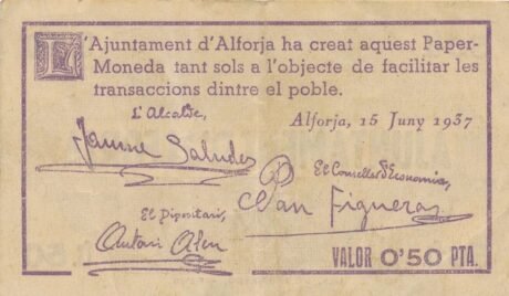 Аверс банкноты 50 centymów Alforja (Hiszpania) 1937
