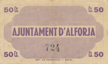 Реверс банкноты 50 centymów Alforja (Hiszpania) 1937
