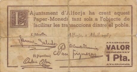 Аверс банкноты 1 peseta Alforja (Spain) 1937