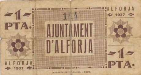 Реверс банкноты 1 peseta Alforja (Spain) 1937