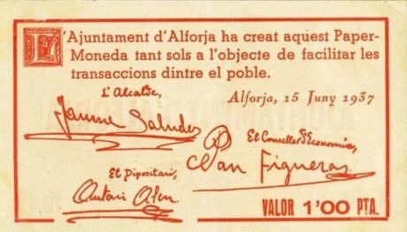 Аверс банкноты 1 peseta Alforja (Spain) 1937