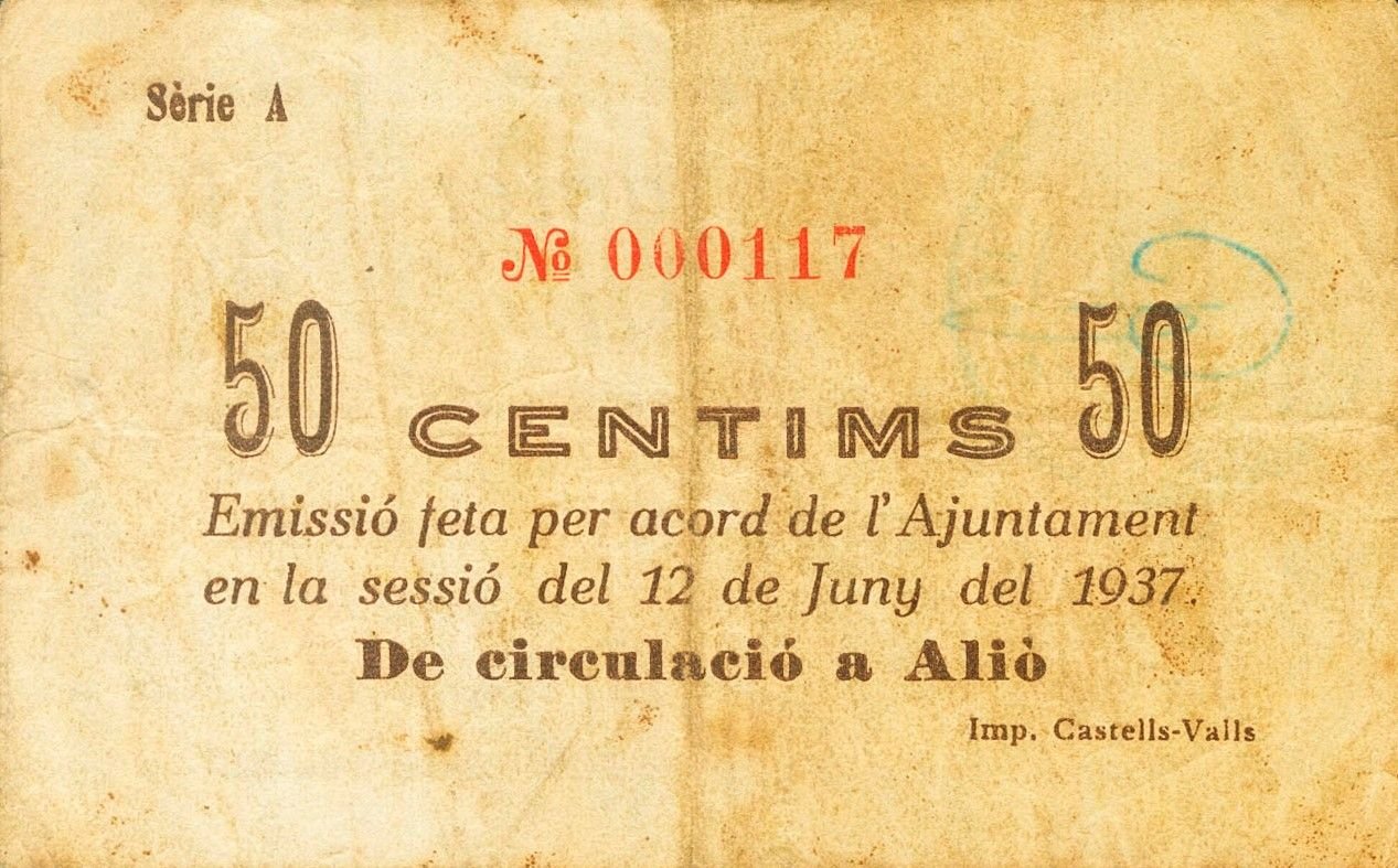 Реверс банкноты 50 сантимов Алио (Испания) 1937 года