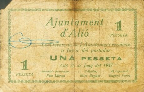 Аверс банкноты 1 peseta Alió (Spain) 1937