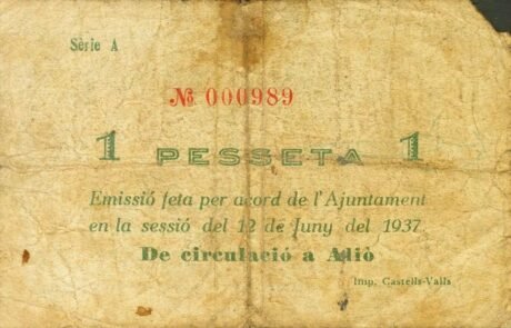 Реверс банкноты 1 peseta Alió (Spain) 1937