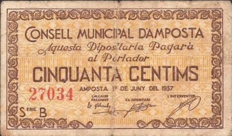 Аверс банкноты 50 сантимов Ампоста (Испания) 1937 года