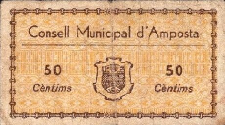 Реверс банкноты 50 сантимов Ампоста (Испания) 1937 года