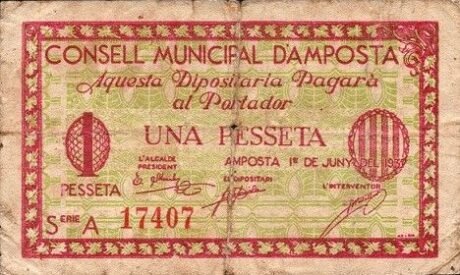 Аверс банкноты 1 песета Ампоста (Испания) 1937 года