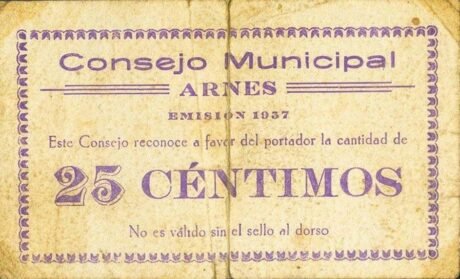 Аверс банкноты 25 сантимов Арнес (Испания) 1937 года