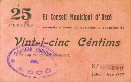 Аверс банкноты 25 сантимов Аско (Испания) 1937 года