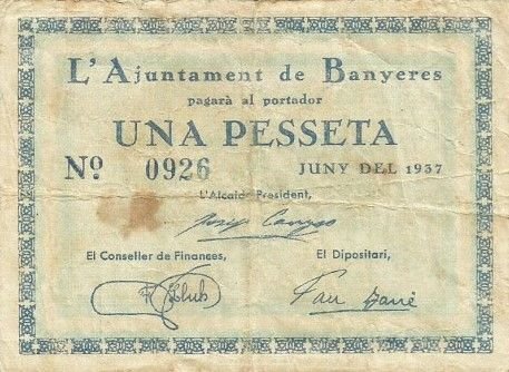 Аверс банкноты 1 peseta Banyeres del Penedès (Hiszpania) 1937