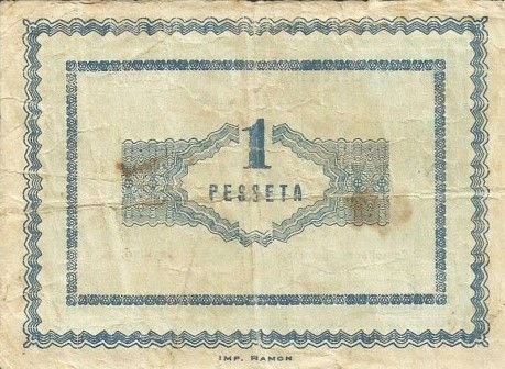 Реверс банкноты 1 peseta Banyeres del Penedès (Hiszpania) 1937
