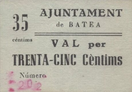 Аверс банкноты 35 сантимов Батеа (Испания)