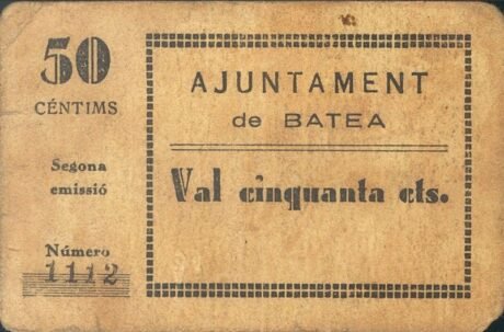 Аверс банкноты 50 сантимов Батеа (Испания)